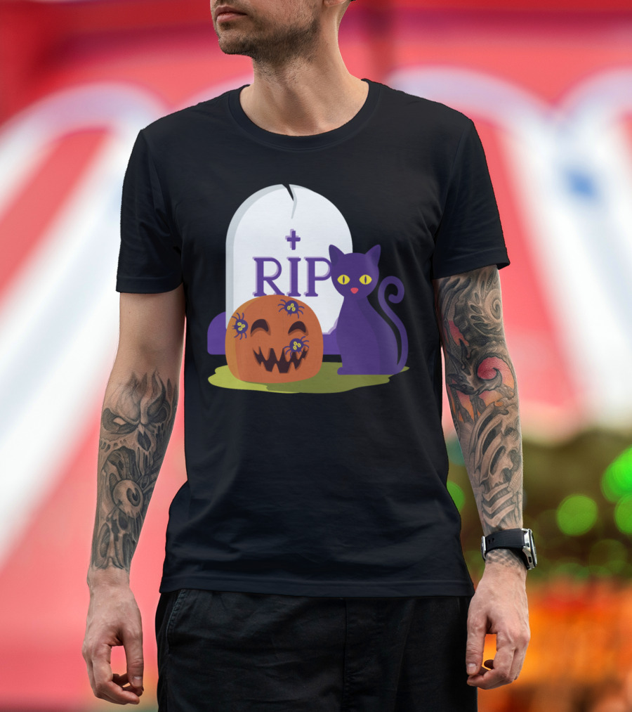 RIP Pumpkin with Spiders and Purple Cat T-Shirt
