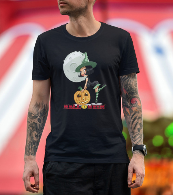 Premium T-Shirt: Halloween Witch with Pumpkin Moon T-Shirt Halloween Witch with Pumpkin Moon T-Shirt