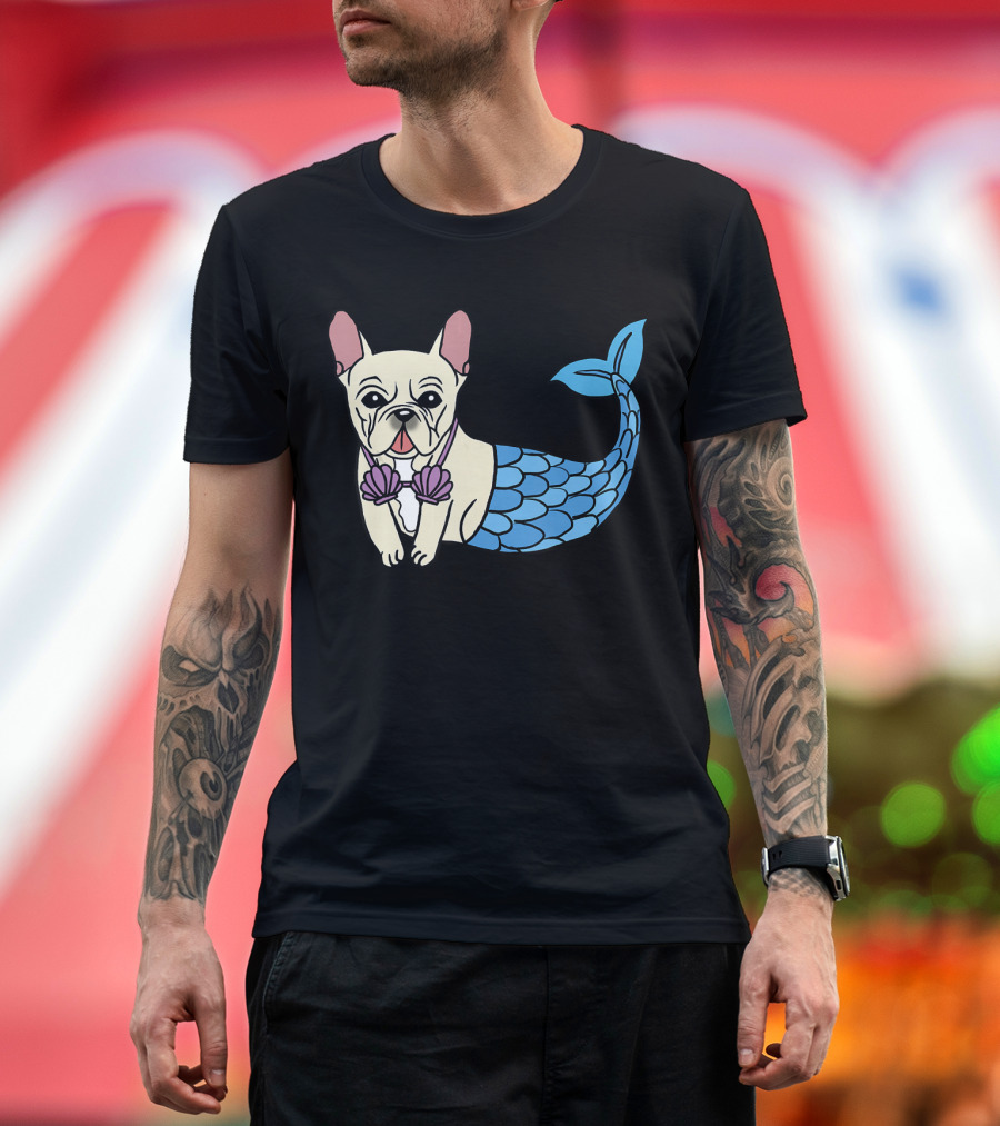 Cream French Bulldog Mermaid With Shell Bra Funny Do T-Shirt