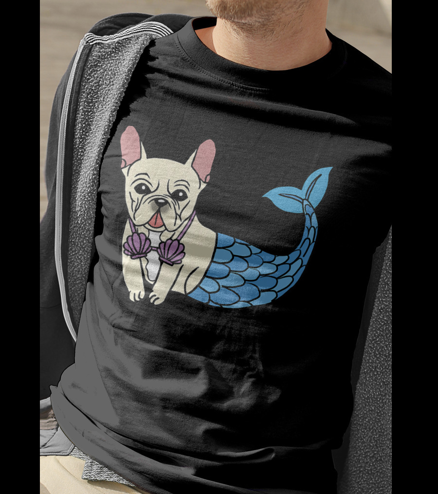Cream French Bulldog Mermaid With Shell Bra Funny Do T-Shirt