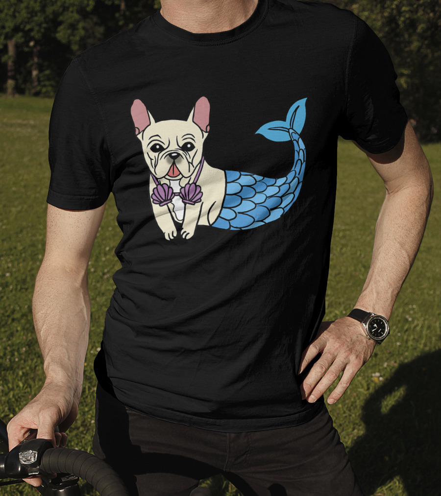 Cream French Bulldog Mermaid With Shell Bra Funny Do T-Shirt