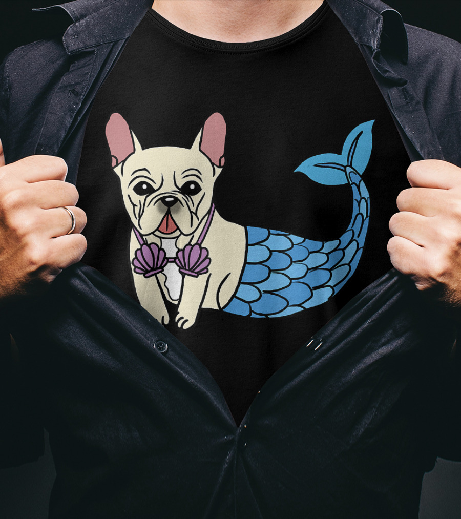 Cream French Bulldog Mermaid With Shell Bra Funny Do T-Shirt