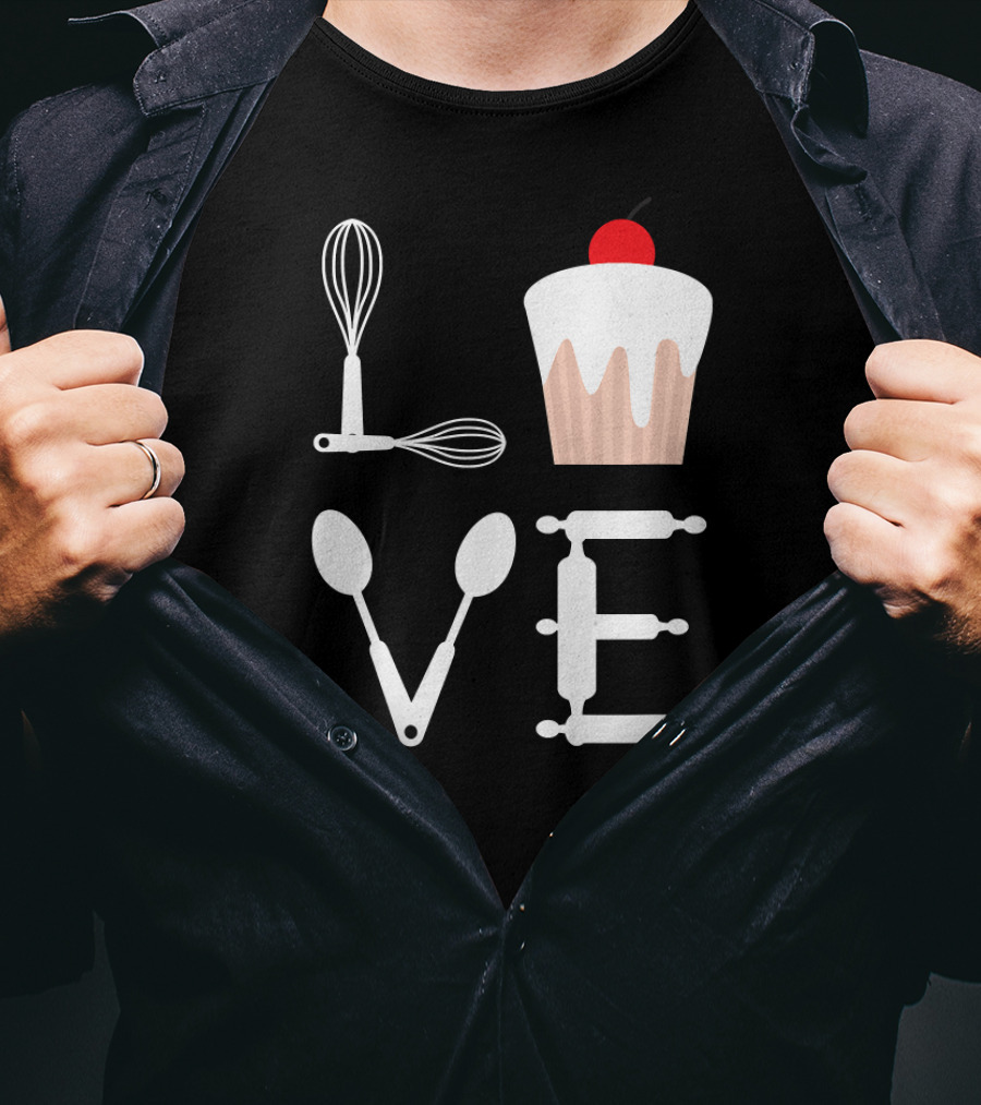 Love Baking Lover Cupcake Whisk Spoon Rolling Pin T-Shirt