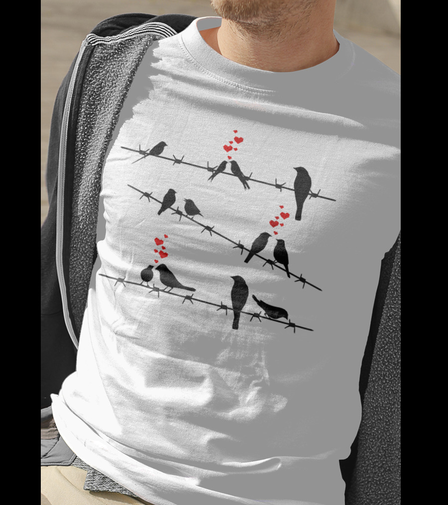 Cute Birds On A Wire Red Hearts Mens &amp T-Shirt