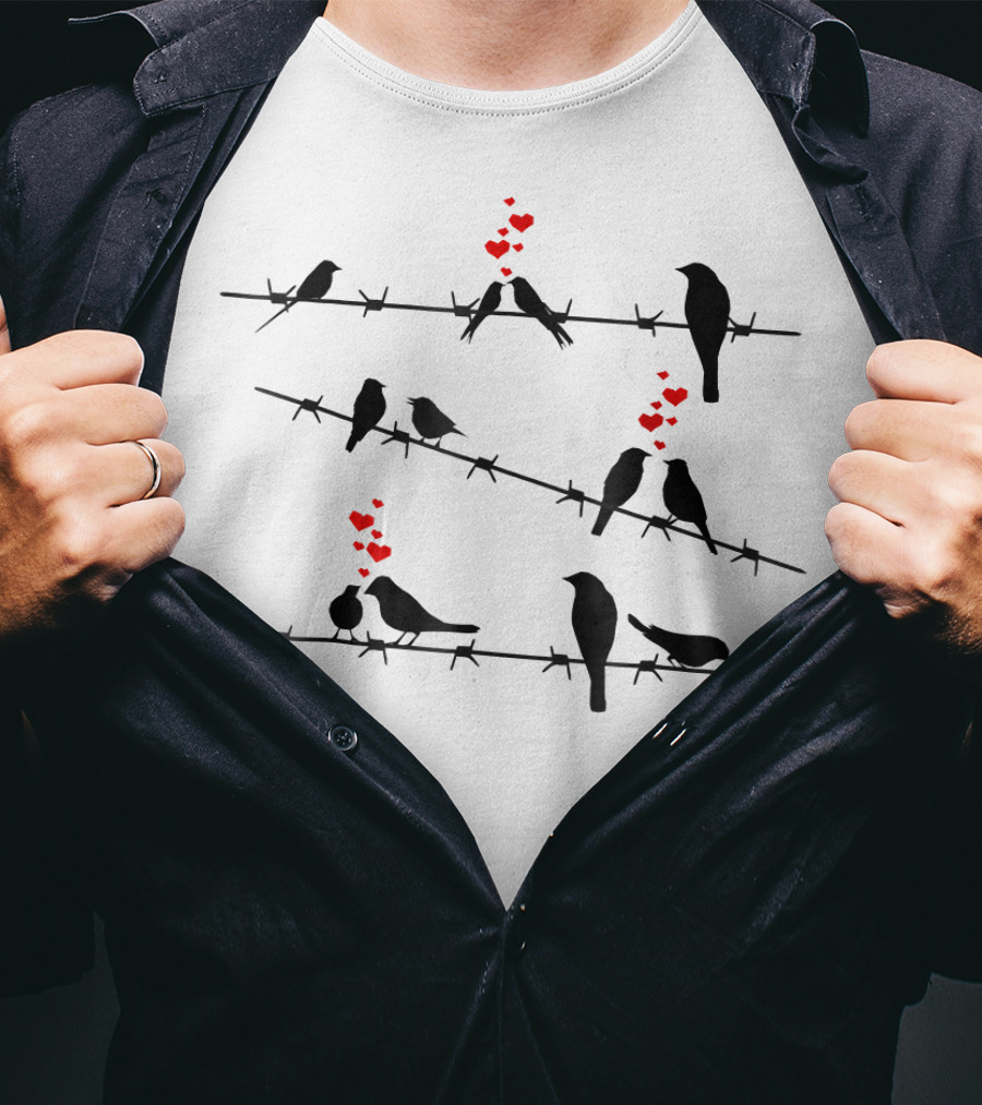 Cute Birds On A Wire Red Hearts Mens &amp T-Shirt