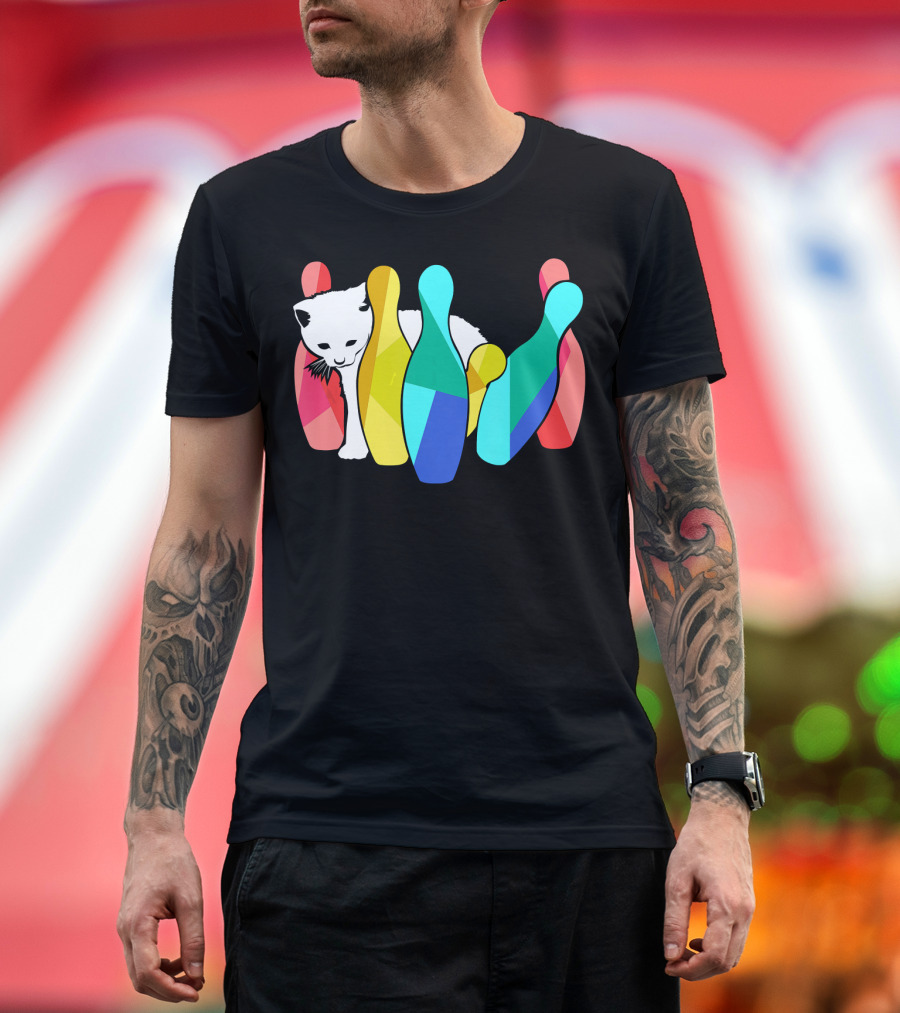 Playful Cute Cat Knocking Over Colorful Bowling Pins Kitty T-Shirt