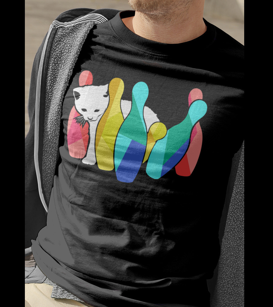 Playful Cute Cat Knocking Over Colorful Bowling Pins Kitty T-Shirt