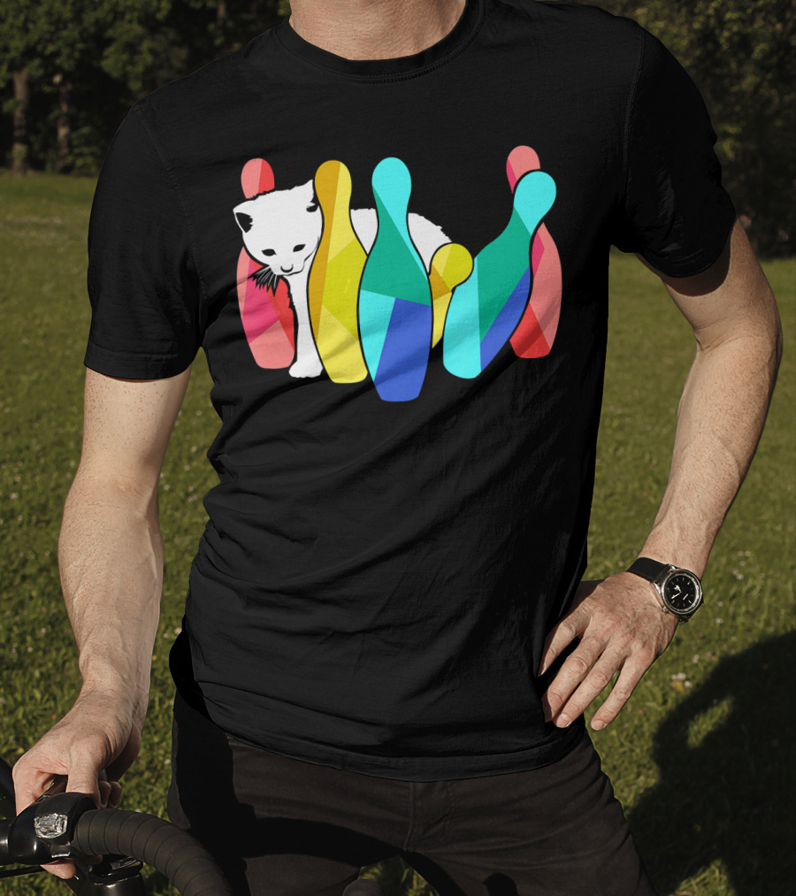 Playful Cute Cat Knocking Over Colorful Bowling Pins Kitty T-Shirt