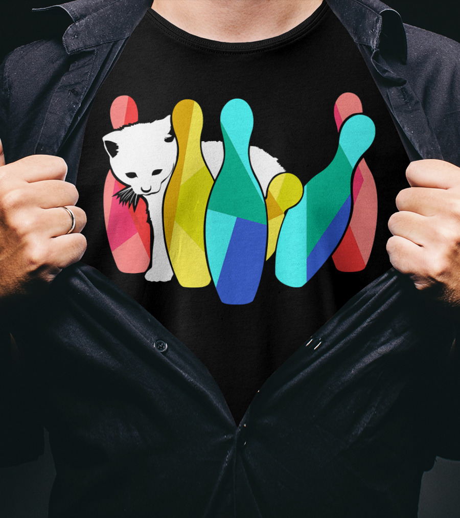 Playful Cute Cat Knocking Over Colorful Bowling Pins Kitty T-Shirt