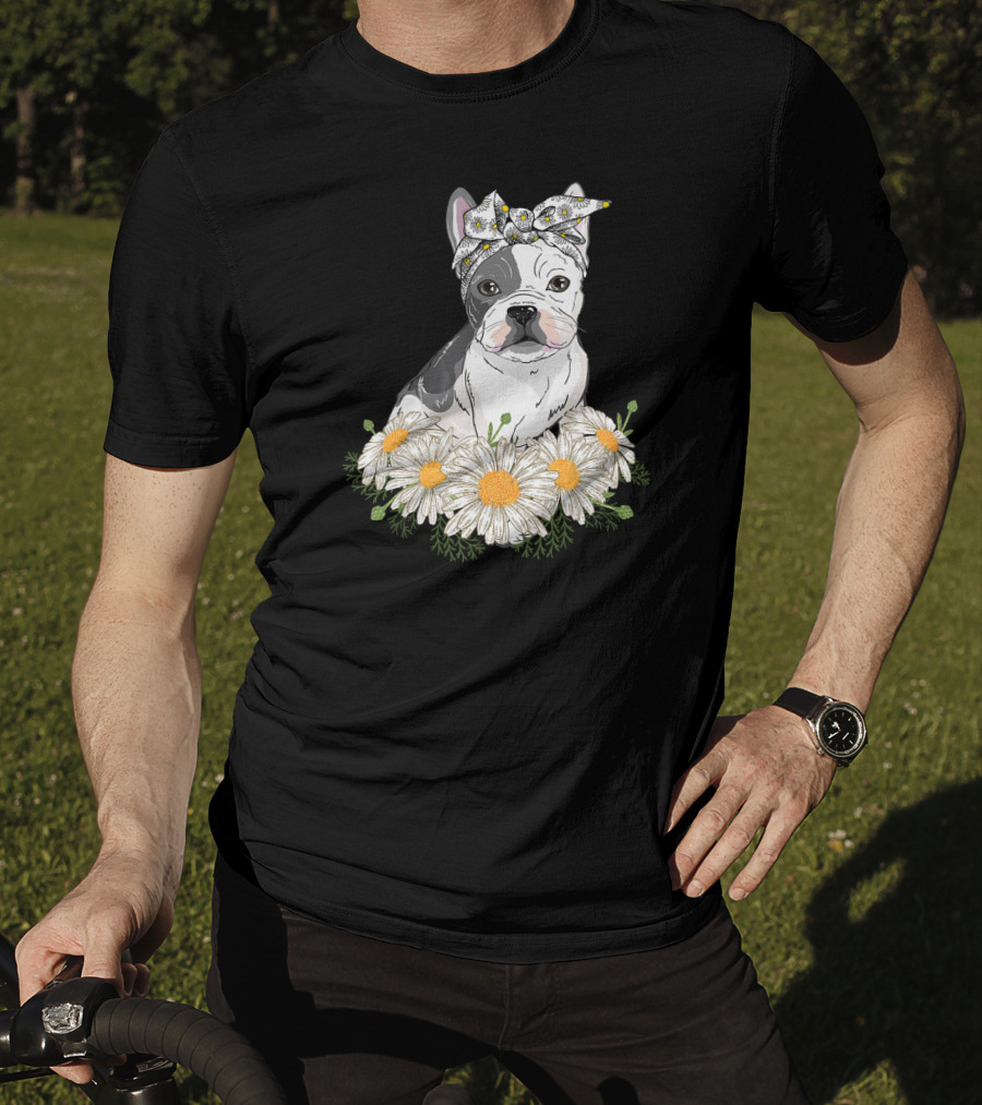 French Bulldog With Daisy Headband And Flower Garden T-Shirt