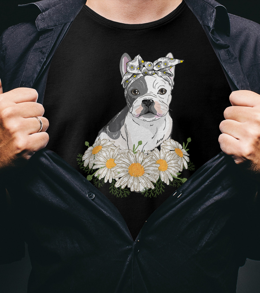 French Bulldog With Daisy Headband And Flower Garden T-Shirt