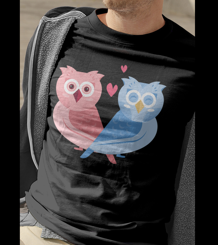 Cute Owls Birds In Love Couple With Hearts T-Shirt