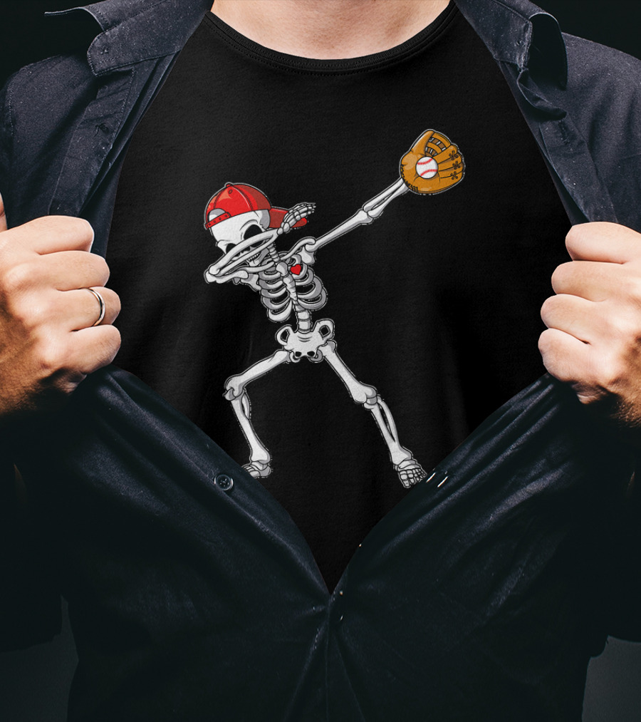 Dabbing Skeleton Baseball Dab Hip With Catcher's Glove And Cap T-Shirt