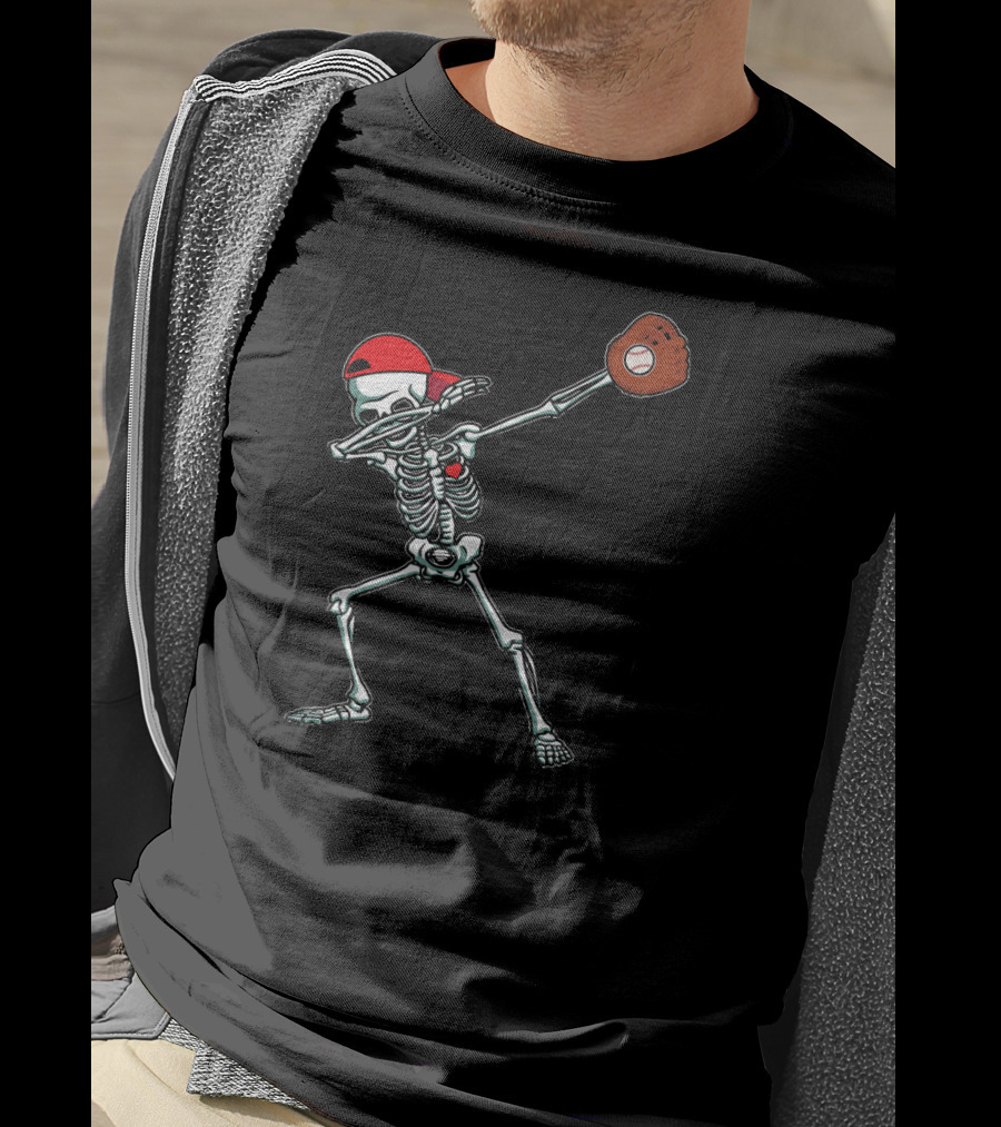 Skeleton Dabbing In Red Cap With Baseball Glove T-Shirt