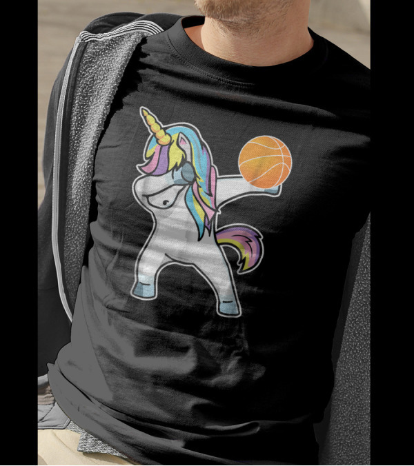Dabbing Unicorn With Basketball Rainbow Mane T-Shirt