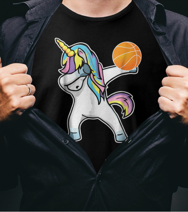 Dabbing Unicorn With Basketball Rainbow Mane T-Shirt