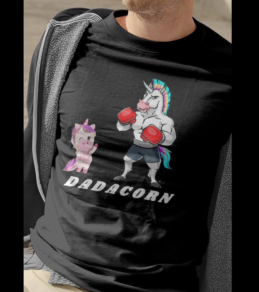 Dadacorn Boxing Unicorn Dad Baby With Muscle And Rainbow Mane T-Shirt