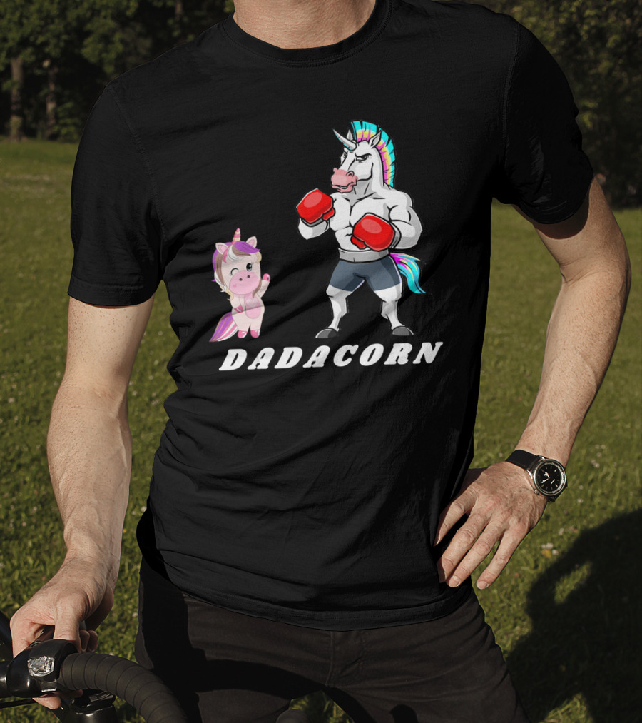 Dadacorn Boxing Unicorn Dad Baby With Muscle And Rainbow Mane T-Shirt