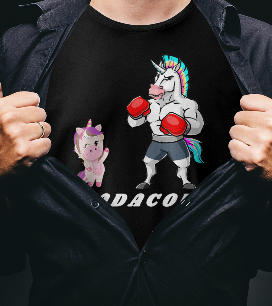 Dadacorn Boxing Unicorn Dad Baby With Muscle And Rainbow Mane T-Shirt