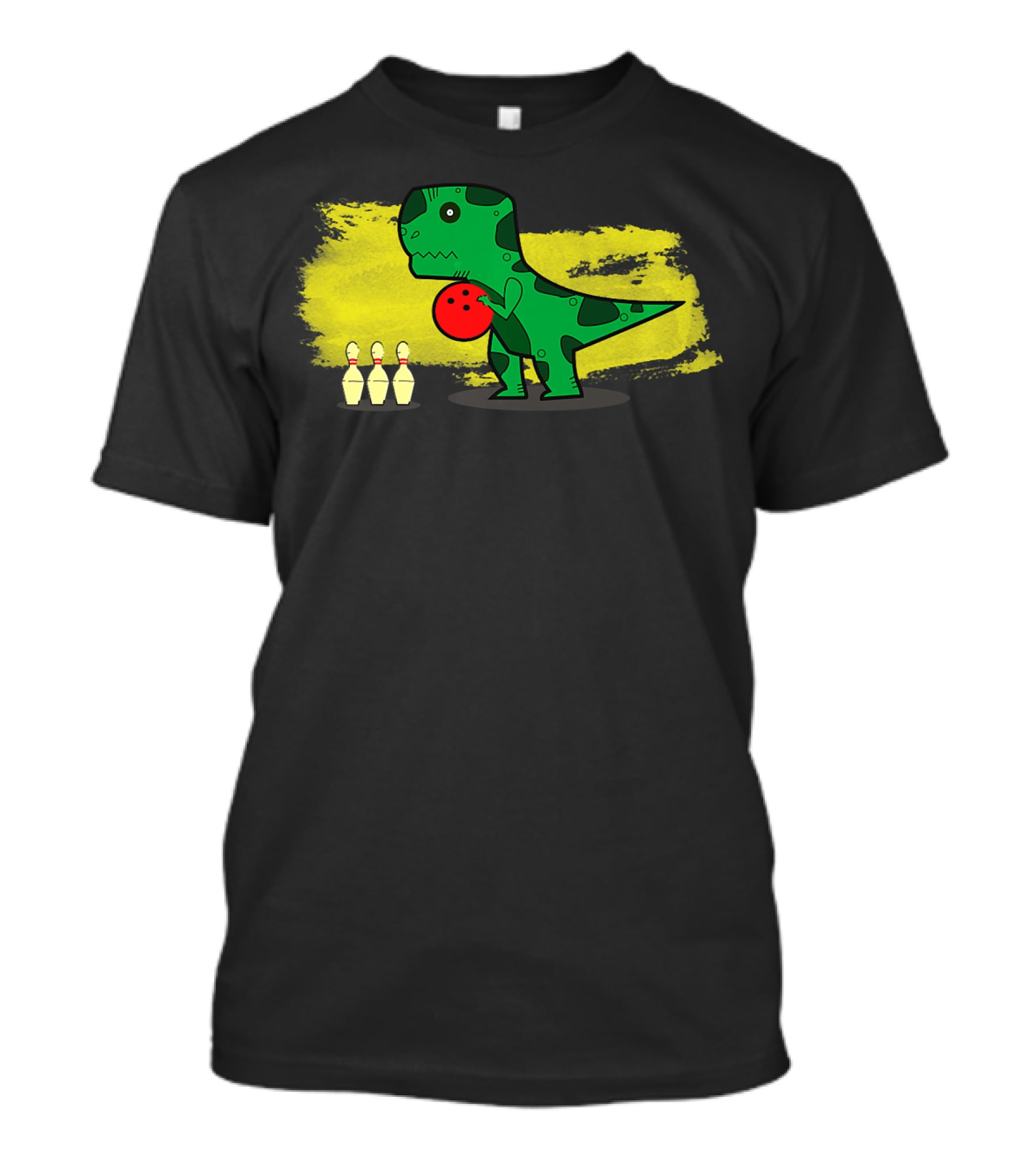 Dino Bowler With Red Bowling Ball And Pins In Yellow Splash Background T-Shirt