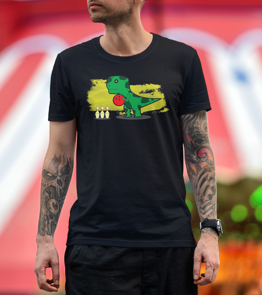 Dino Bowler with Red Bowling Ball and Pins in Yellow Splash Background T-Shirt