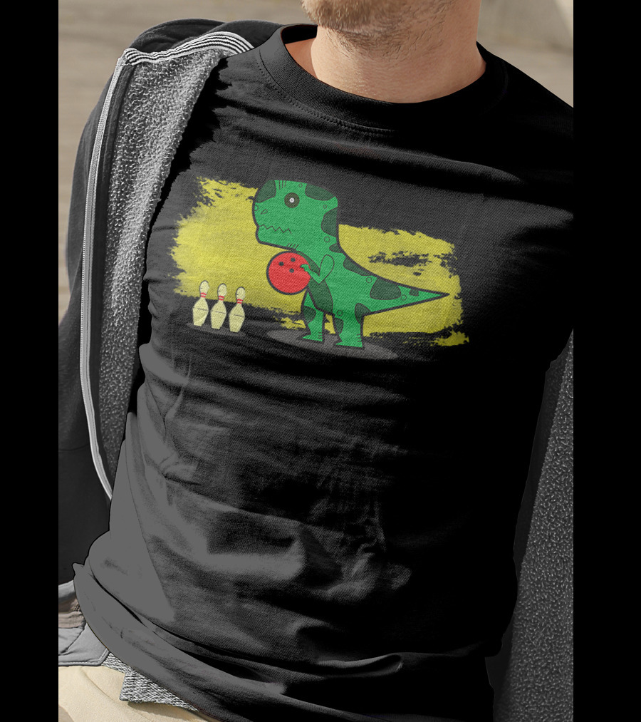 Dino Bowler With Red Bowling Ball And Pins In Yellow Splash Background T-Shirt