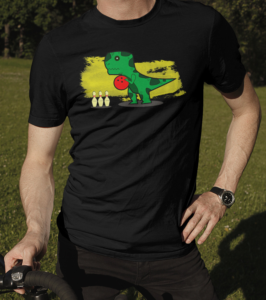 Dino Bowler With Red Bowling Ball And Pins In Yellow Splash Background T-Shirt