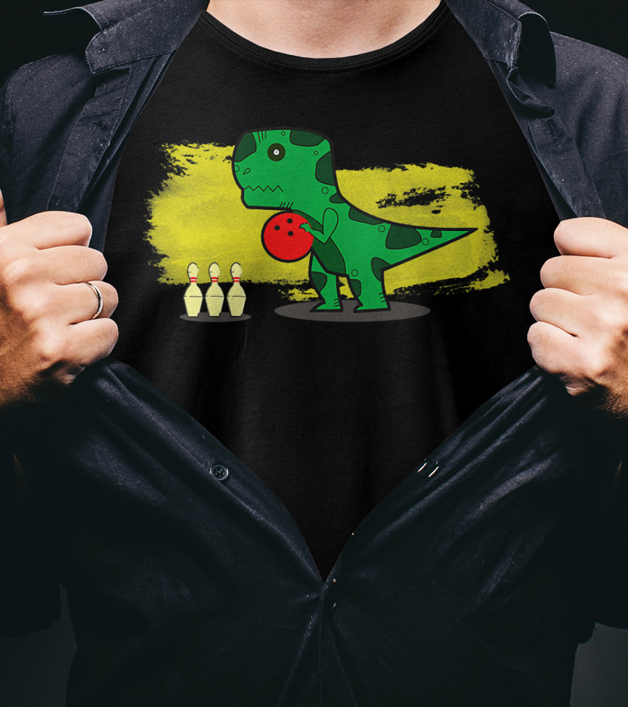 Dino Bowler With Red Bowling Ball And Pins In Yellow Splash Background T-Shirt