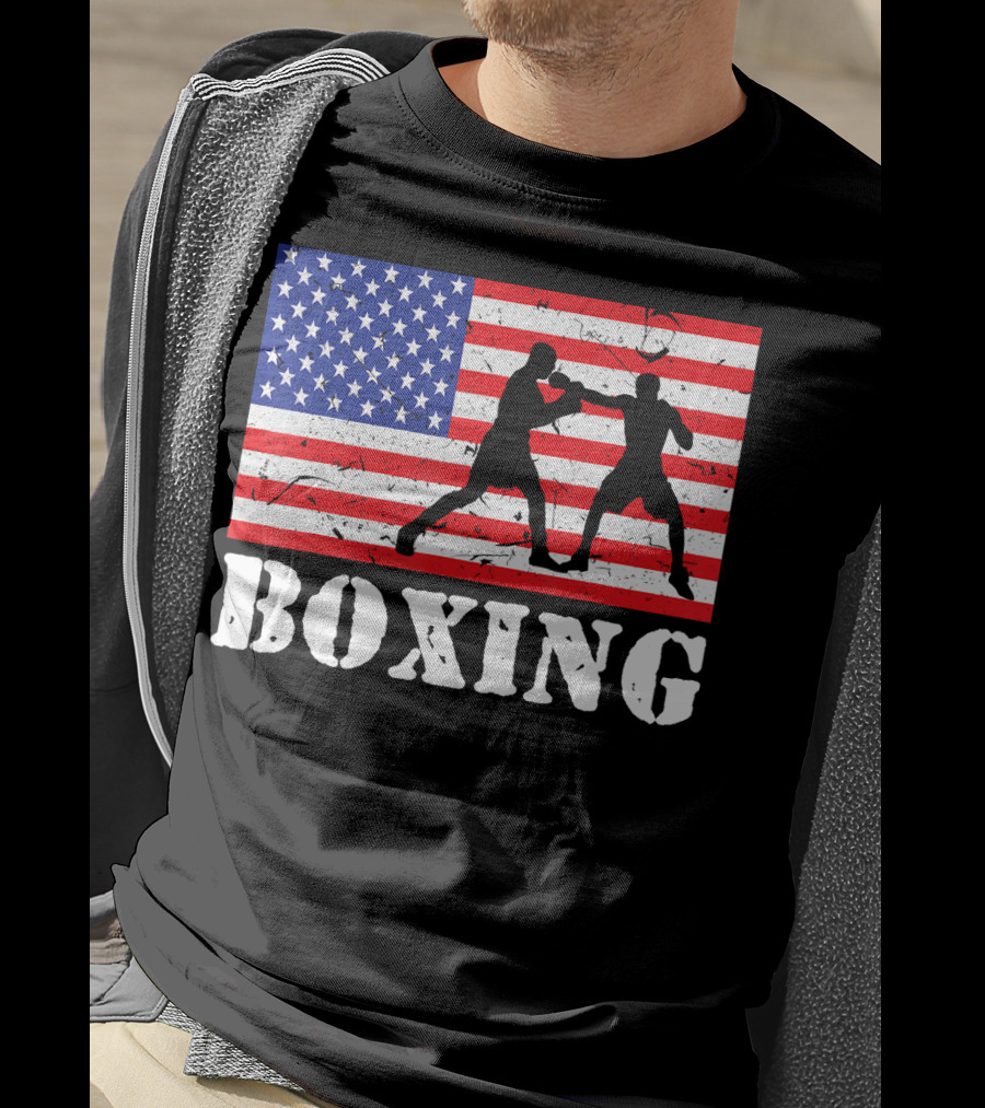 Distressed Boxing USA American Flag With Fighters T-Shirt