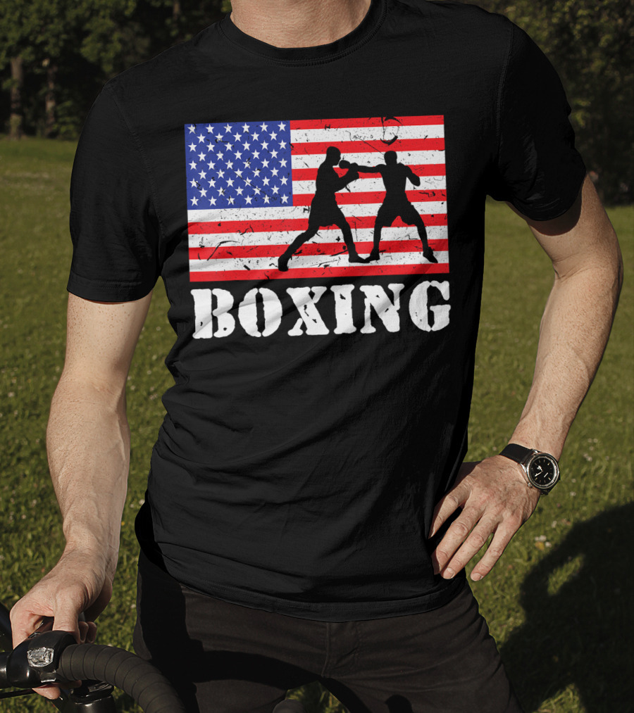 Distressed Boxing USA American Flag With Fighters T-Shirt
