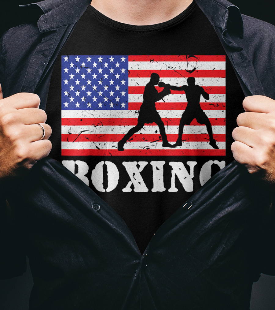 Distressed Boxing USA American Flag With Fighters T-Shirt