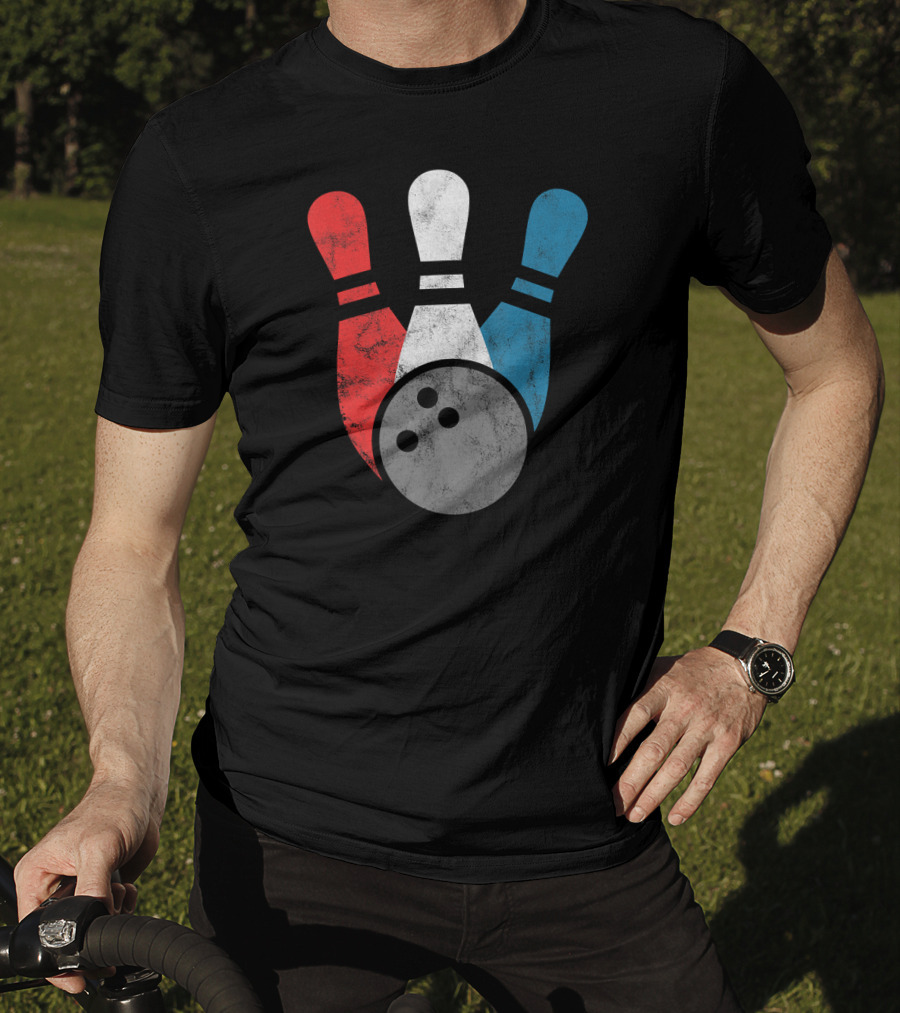 Distressed Bowling Red White Blue Bowling Pins T-Shirt
