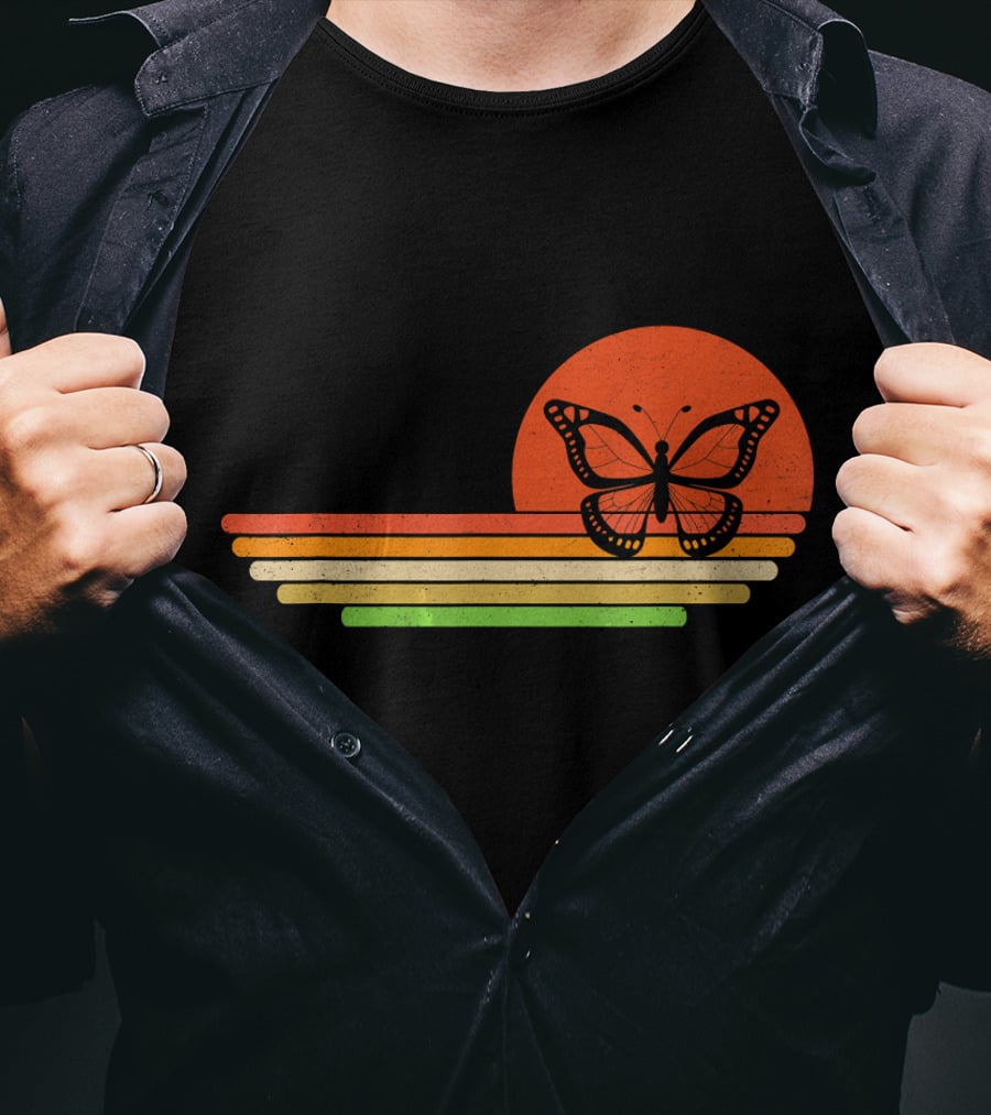 Distressed Butterfly Retro Sunset Stripes T-Shirt
