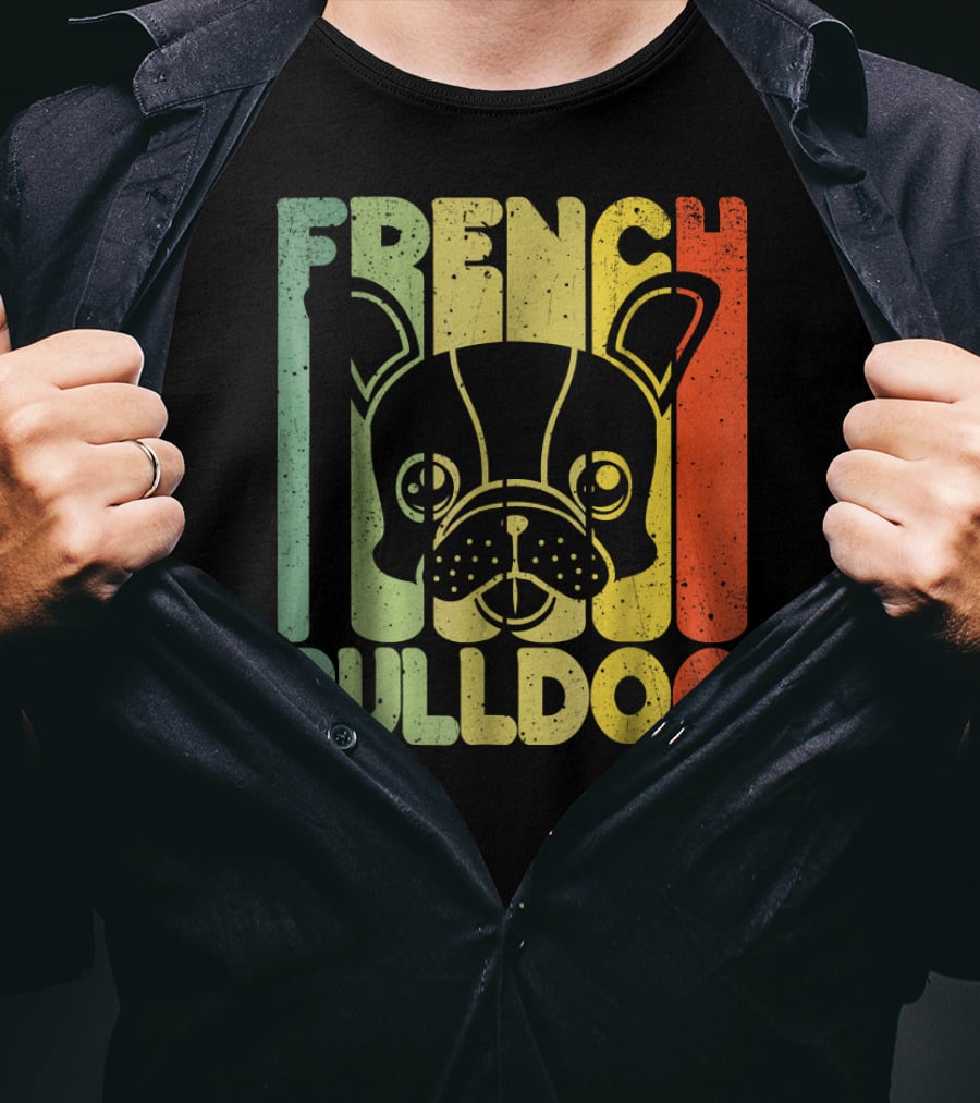 Distressed French Bulldog Vintage Rainbow Stripes T-Shirt