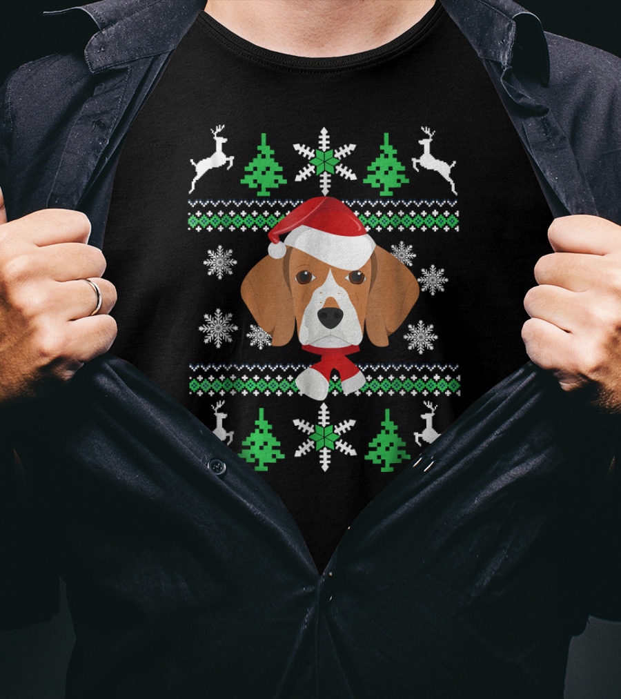 Beagle Santa Christmas Sweater With Snowflakes And Reindeer T-Shirt
