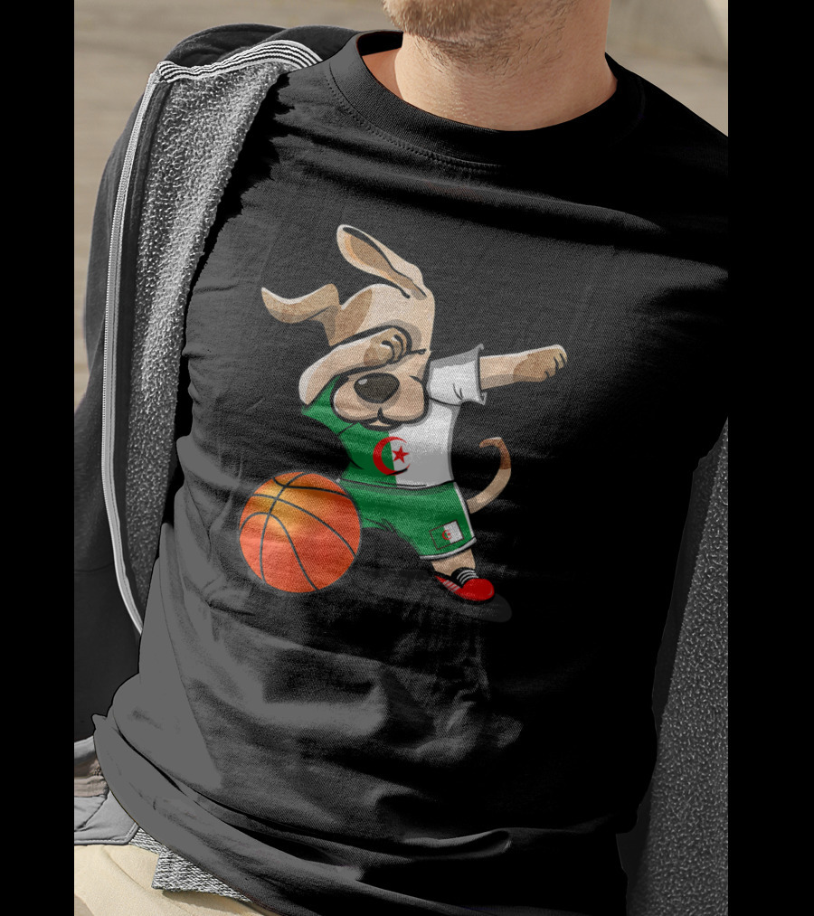 Dog Dabbing Basketball Algeria Flag Jersey T-Shirt