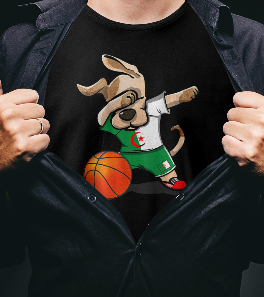 Dog Dabbing Basketball Algeria Flag Jersey T-Shirt