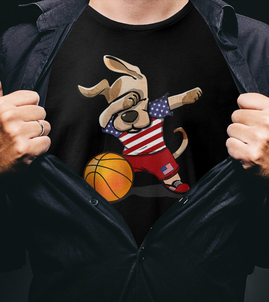 USA Basketball Dog Dabbing With American Flag T-Shirt