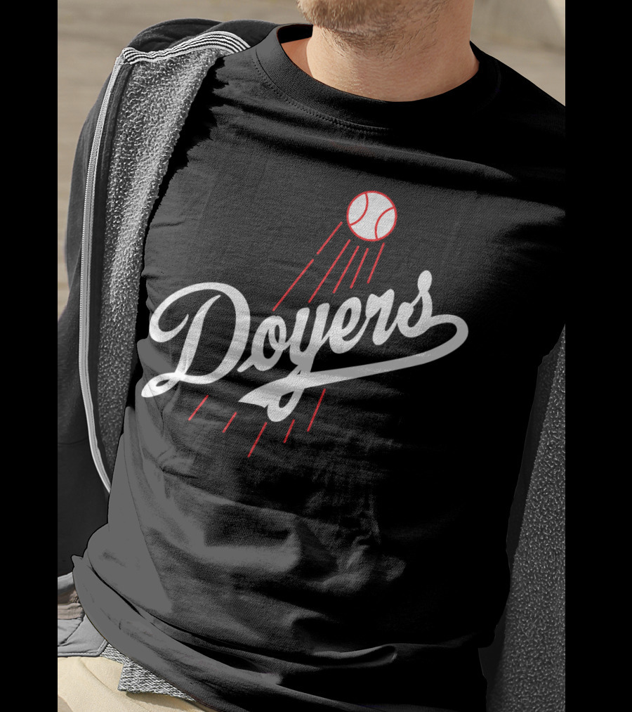 Doyers Baseball Red And White Script With Flying Ball T-Shirt