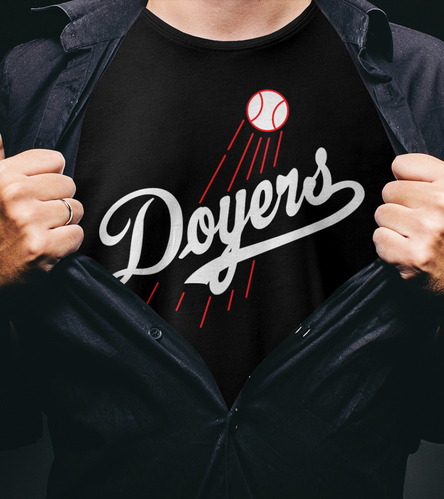 Doyers Baseball Red And White Script With Flying Ball T-Shirt