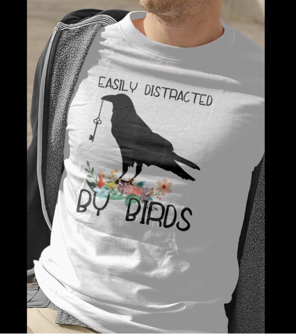 Easily Distracted By Birds Silhouette Of Bird With Key And Floral Elements T-Shirt