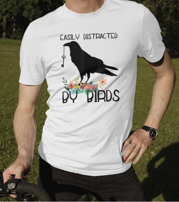 Easily Distracted By Birds Silhouette Of Bird With Key And Floral Elements T-Shirt