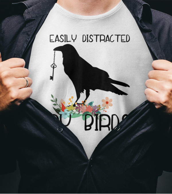 Easily Distracted By Birds Silhouette Of Bird With Key And Floral Elements T-Shirt