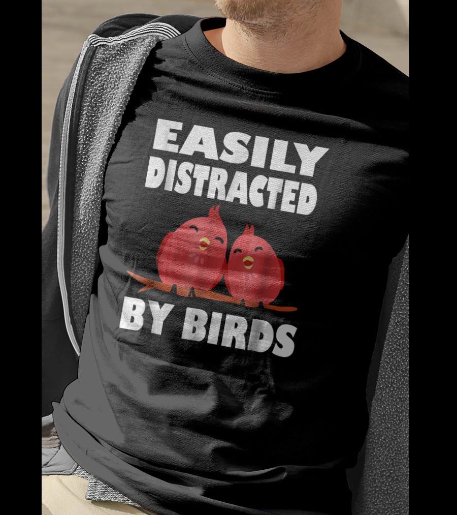 Easily Distracted By Birds Red Cartoon Style Bird Pair T-Shirt