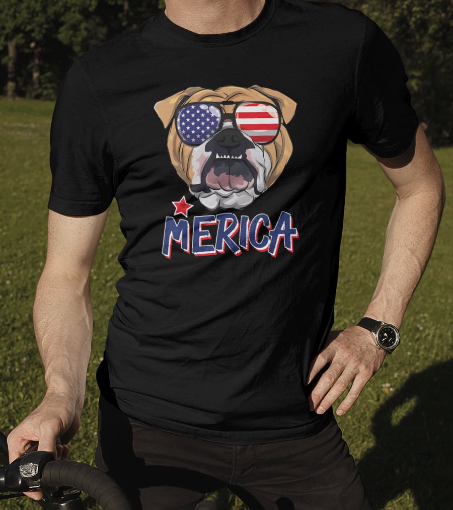 English Bulldog Merica American Flag Sunglasses T-Shirt
