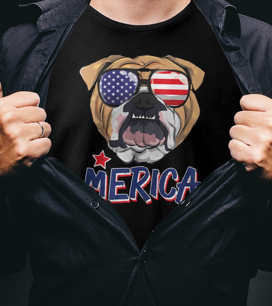 English Bulldog Merica American Flag Sunglasses T-Shirt