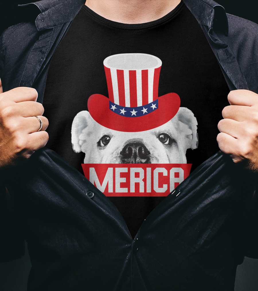Merica English Bulldog Patriotic Top Hat Fourth Of July T-Shirt