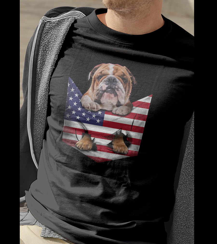 English Bulldog In American Flag Pocket T-Shirt