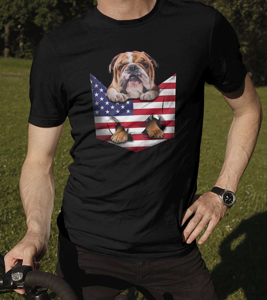 English Bulldog In American Flag Pocket T-Shirt