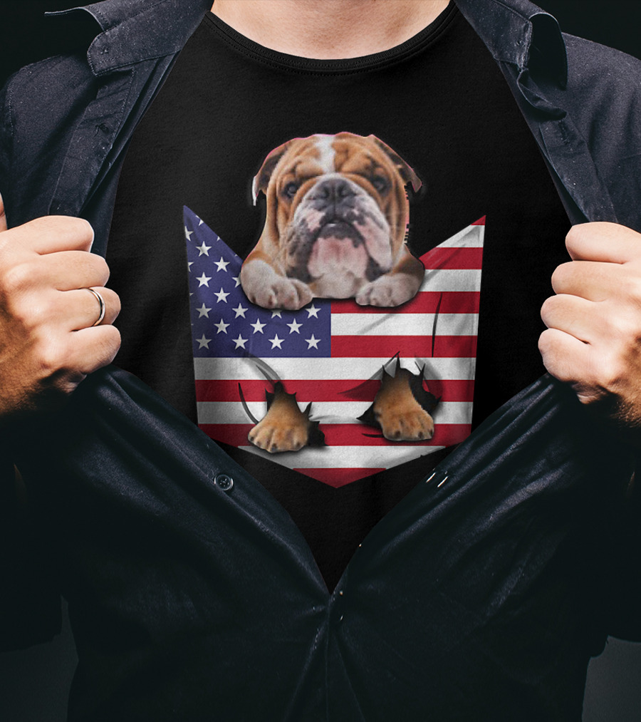 English Bulldog In American Flag Pocket T-Shirt